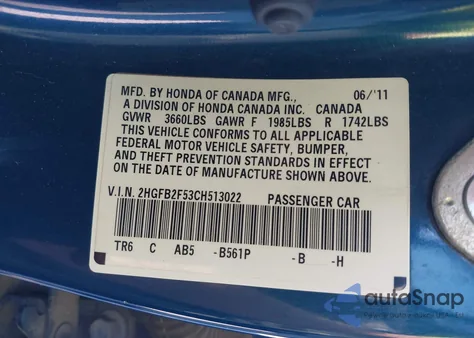 2012 Honda Civic Lx из США, поврежденный, VIN 2HGFB2F53CH513022